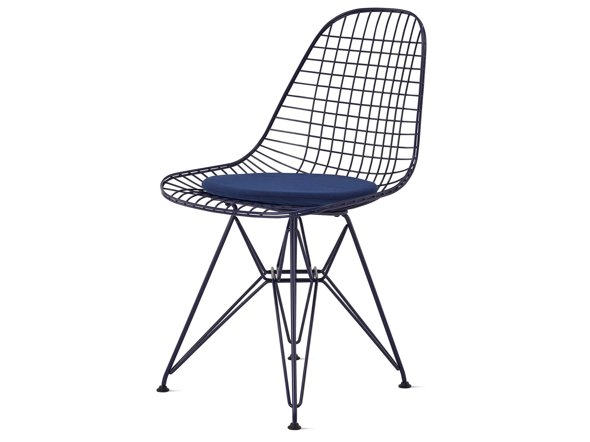 Black blue wire upholstered chair with wire base front angle view